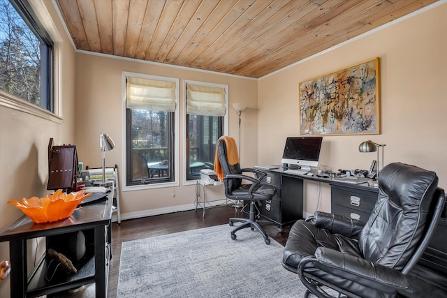 office area featuring crown molding, dark wood-type flooring, and wooden ceiling