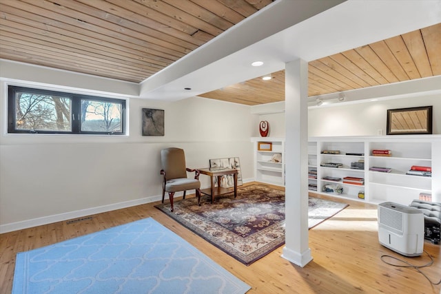 living area with wood-type flooring and wood ceiling