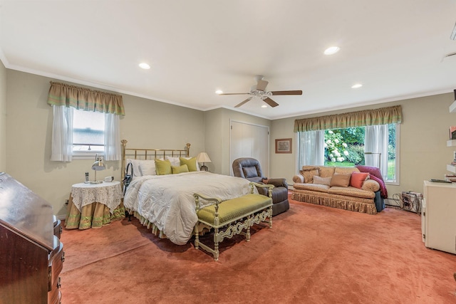 carpeted bedroom featuring ornamental molding, a ceiling fan, and recessed lighting