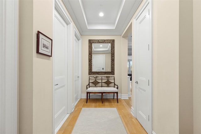 corridor featuring wood-type flooring and a raised ceiling