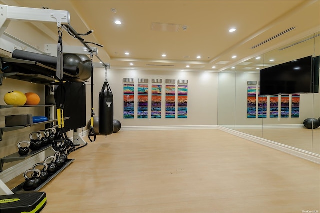 exercise room featuring light wood-type flooring and a tray ceiling