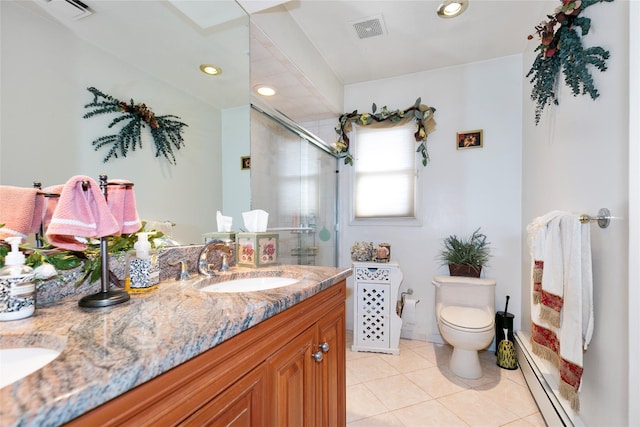 bathroom with a baseboard radiator, visible vents, toilet, a stall shower, and a sink