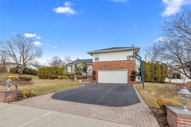 view of property exterior featuring a garage, driveway, brick siding, and a lawn