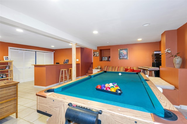 recreation room featuring tile patterned flooring and recessed lighting