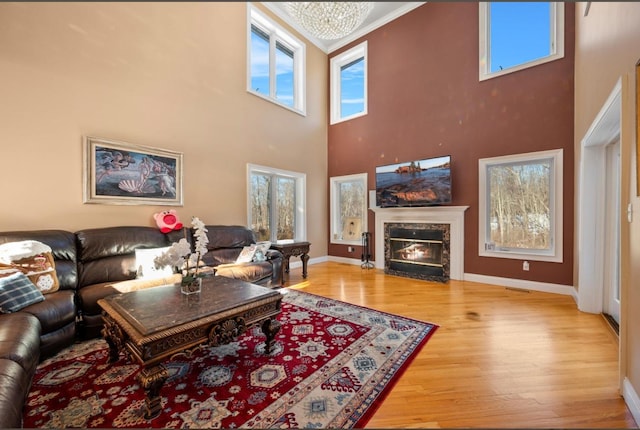 living room featuring crown molding, wood-type flooring, a premium fireplace, and a wealth of natural light