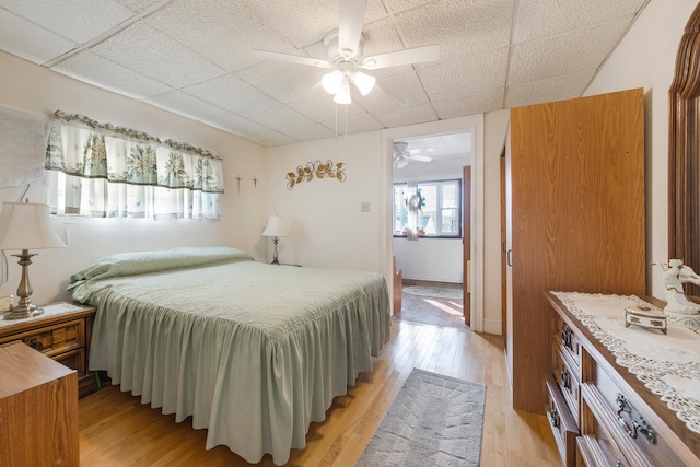 bedroom with a drop ceiling, ceiling fan, and light hardwood / wood-style flooring