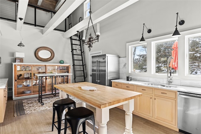 kitchen with hanging light fixtures, appliances with stainless steel finishes, plenty of natural light, and light brown cabinetry