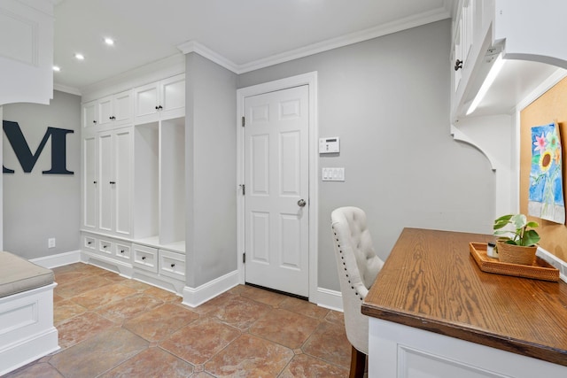 mudroom featuring ornamental molding, recessed lighting, and baseboards