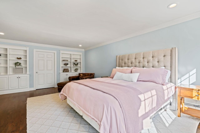 bedroom featuring light wood-type flooring, ornamental molding, and recessed lighting