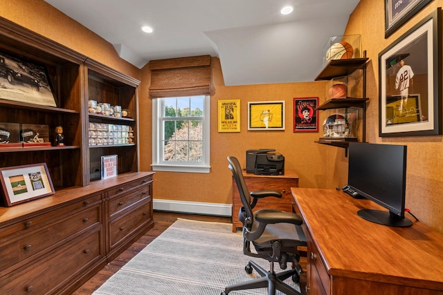 office area featuring dark wood-style floors, recessed lighting, baseboards, and baseboard heating