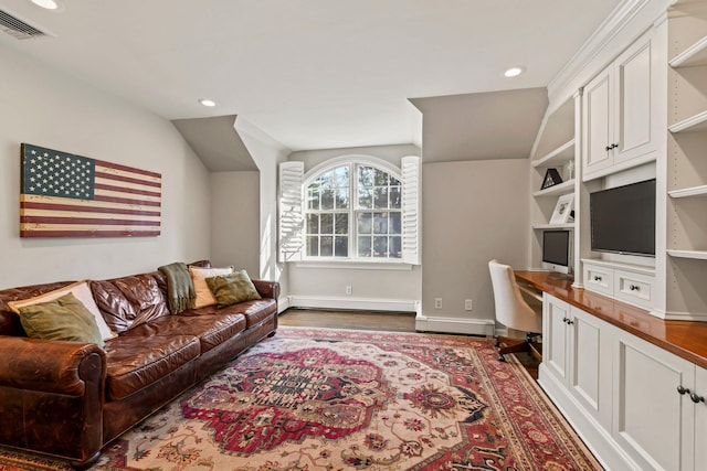 living area with baseboards, visible vents, built in study area, a baseboard heating unit, and recessed lighting