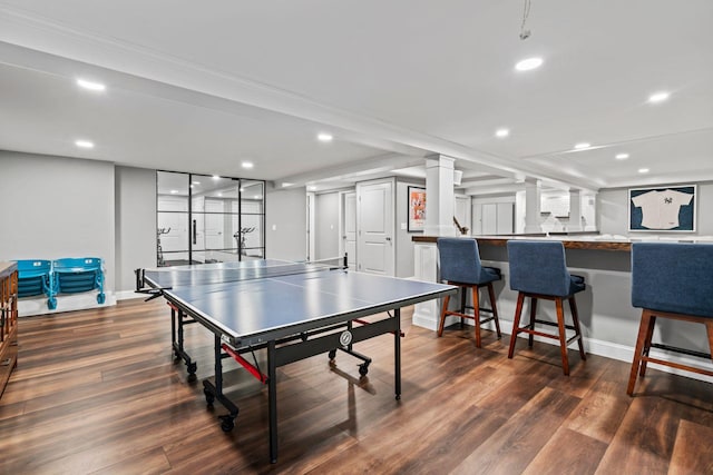 rec room with dark wood-type flooring and recessed lighting