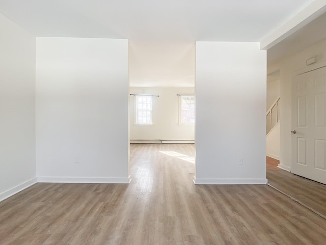 unfurnished room featuring light hardwood / wood-style flooring and a baseboard radiator