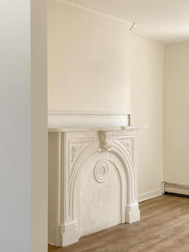 room details with crown molding, wood-type flooring, and baseboard heating