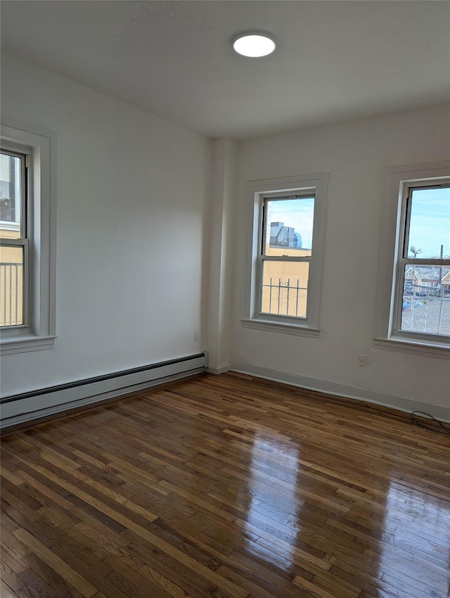 empty room featuring dark hardwood / wood-style flooring and a baseboard radiator