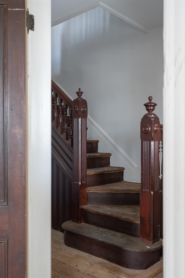 stairs featuring hardwood / wood-style floors