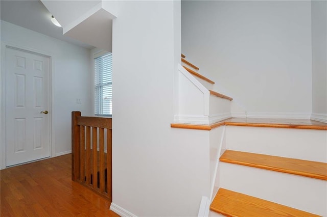 stairs featuring hardwood / wood-style floors