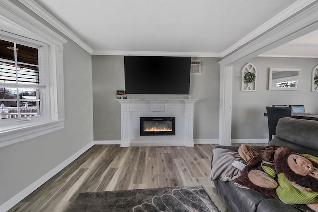 living room featuring crown molding, wood-type flooring, and a healthy amount of sunlight