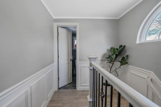 hallway with ornamental molding and light hardwood / wood-style floors