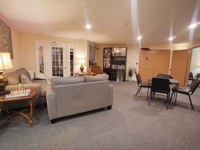 carpeted living room with french doors