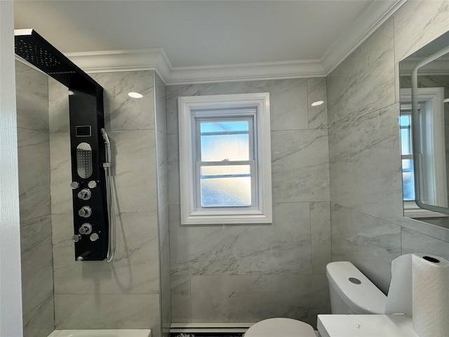 bathroom featuring tiled shower, ornamental molding, toilet, and a baseboard heating unit