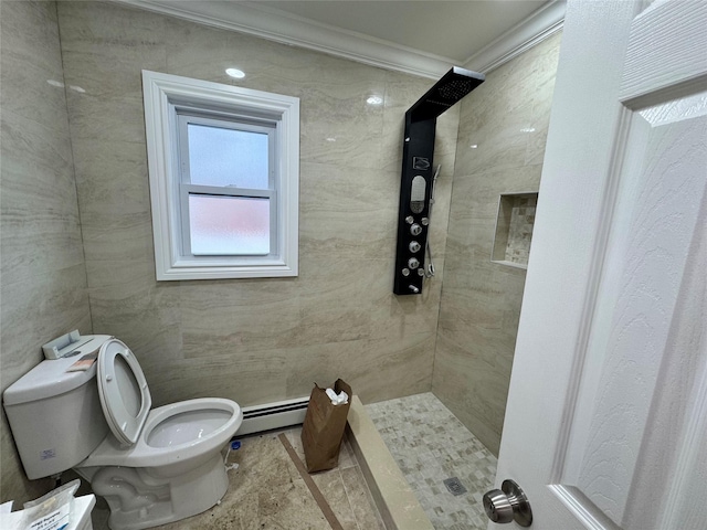 bathroom with crown molding, a baseboard heating unit, toilet, and a tile shower