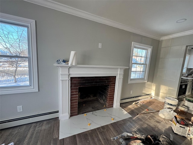 unfurnished living room featuring ornamental molding, dark hardwood / wood-style floors, a brick fireplace, and a baseboard heating unit