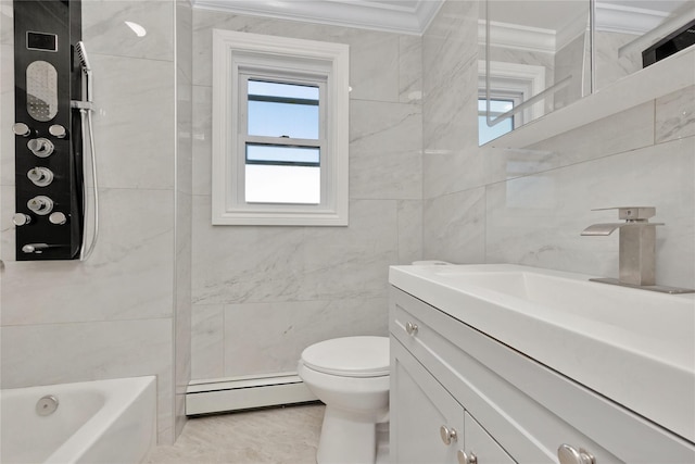 full bathroom featuring toilet, a baseboard radiator, tile walls, ornamental molding, and vanity