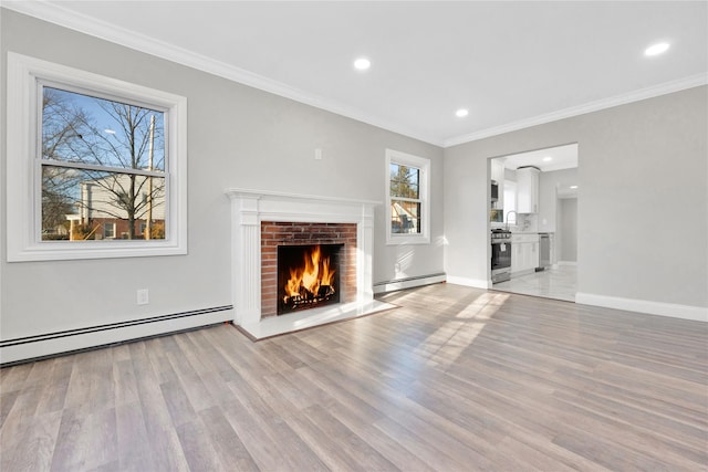 unfurnished living room featuring a fireplace, light wood-type flooring, and baseboard heating