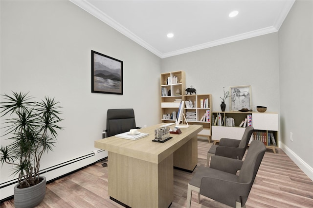 home office featuring a baseboard radiator, ornamental molding, and wood-type flooring