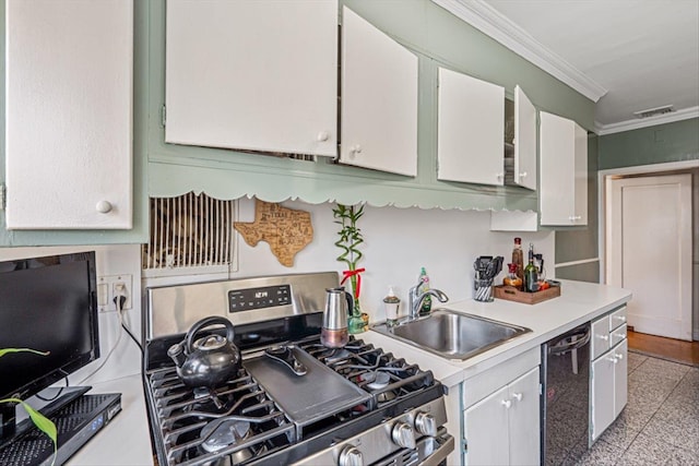 kitchen with white cabinetry, black dishwasher, light countertops, ornamental molding, and stainless steel gas stove