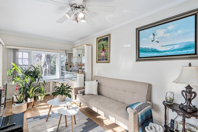 living area with wood finished floors, a ceiling fan, and crown molding