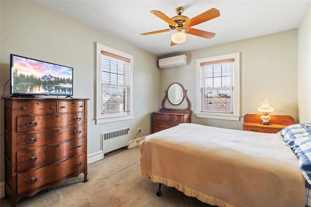 bedroom with an AC wall unit, multiple windows, light colored carpet, and radiator