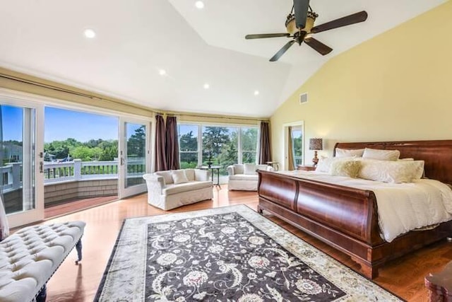 bedroom featuring ceiling fan, high vaulted ceiling, access to exterior, and light wood-type flooring