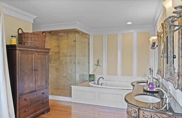 bathroom with crown molding, wood-type flooring, and plus walk in shower