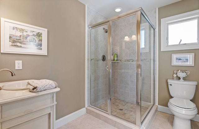 bathroom featuring tile patterned floors, toilet, an enclosed shower, and vanity