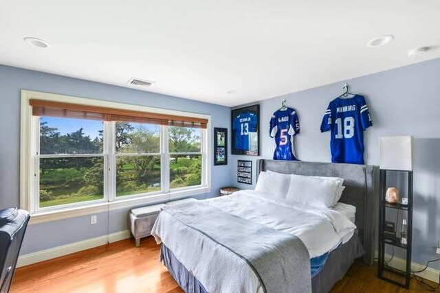 bedroom featuring wood-type flooring and multiple windows