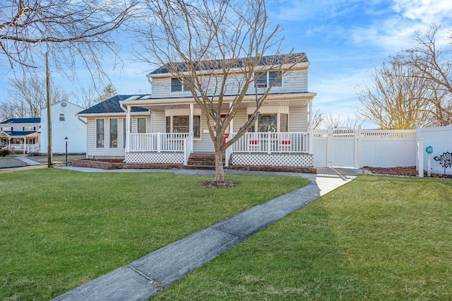 view of front of property with covered porch, a front lawn, and fence