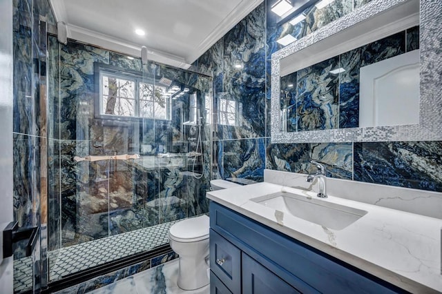 bathroom featuring tile walls, ornamental molding, toilet, and walk in shower