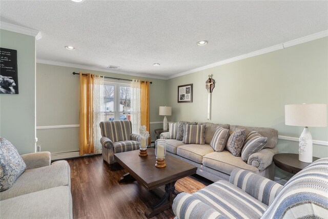 living area featuring ornamental molding, dark wood finished floors, a textured ceiling, and baseboard heating