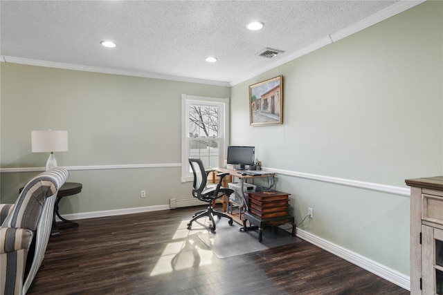 office with a textured ceiling, visible vents, baseboards, dark wood-style floors, and crown molding