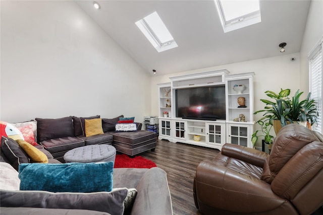 living room with a skylight, dark wood-style floors, and high vaulted ceiling