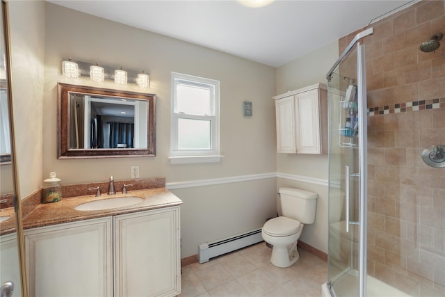 bathroom featuring baseboard heating, tile patterned flooring, a shower stall, and vanity