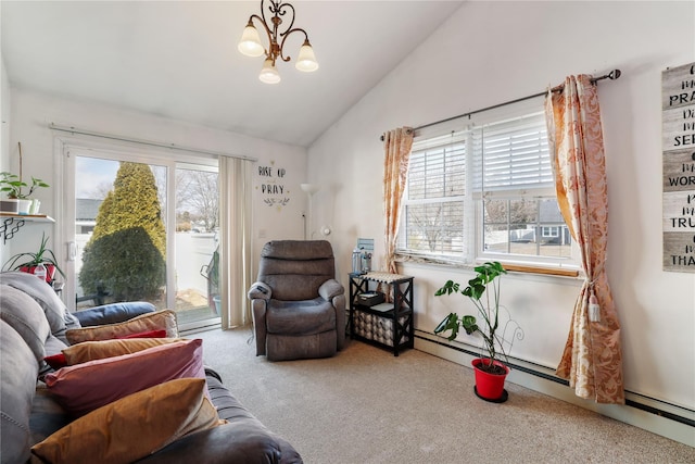 living area with carpet floors, lofted ceiling, plenty of natural light, and an inviting chandelier