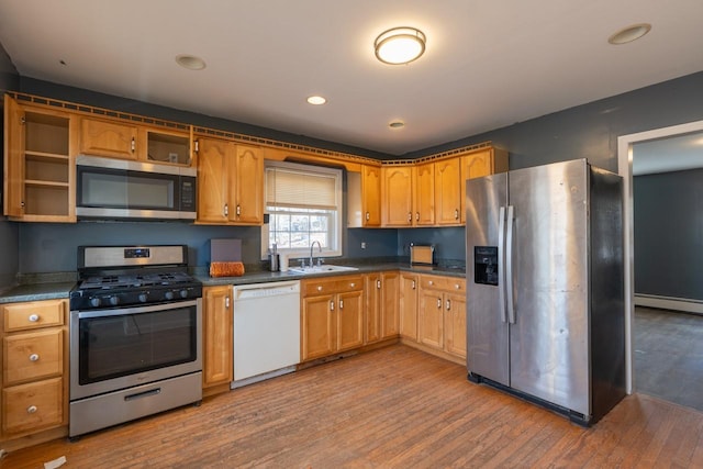 34 Laurel Trl, Monroe, NY 10950 - kitchen featuring light wood-type flooring, appliances with stainless steel finishes, a sink, and dark countertops