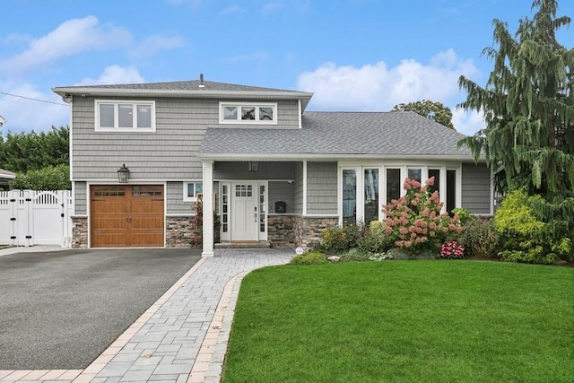 view of front of property featuring a shingled roof, an attached garage, stone siding, driveway, and a front lawn