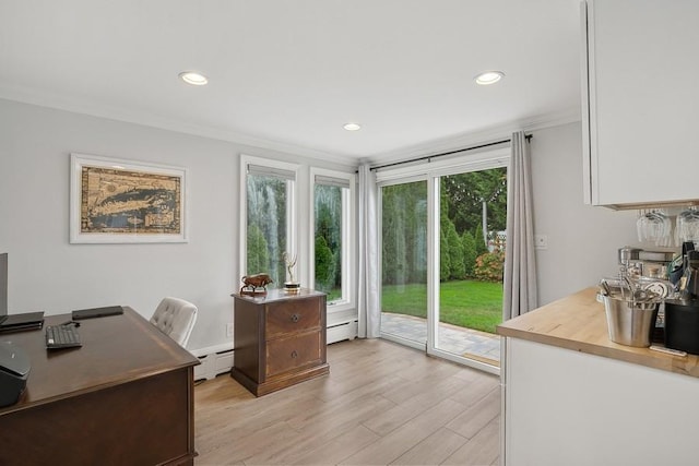 home office with light wood-type flooring, crown molding, baseboard heating, and recessed lighting