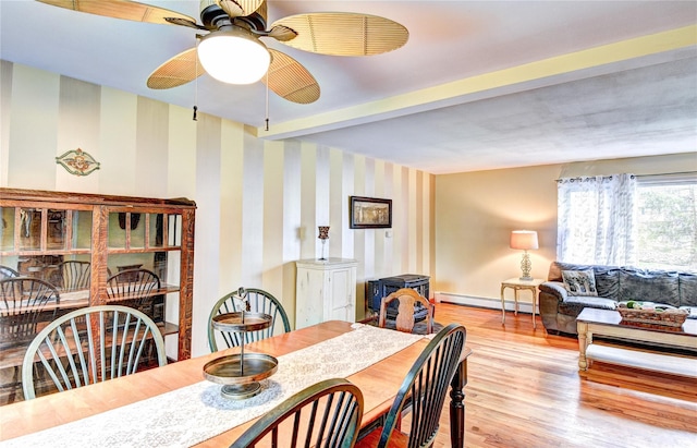 8 Lucky Ln, Washingtonville, NY 10992 - dining room featuring baseboard heating, wallpapered walls, a ceiling fan, and wood finished floors
