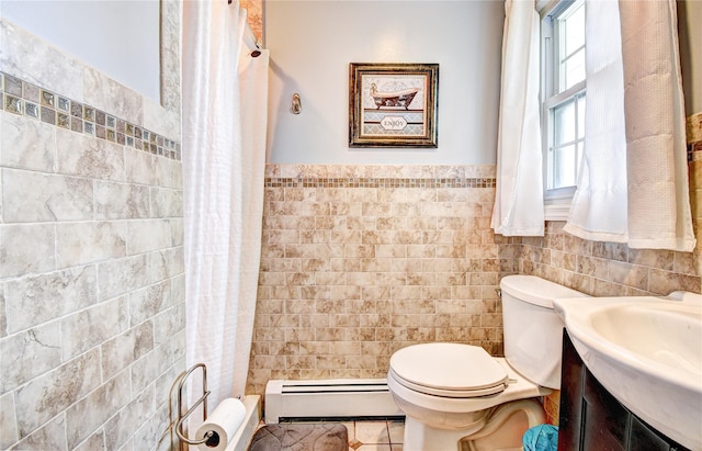 8 Lucky Ln, Washingtonville, NY 10992 - bathroom with tile walls, baseboard heating, toilet, a shower with curtain, and wainscoting