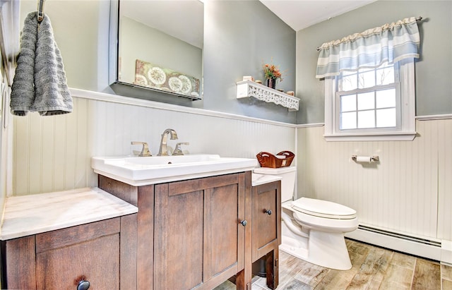 8 Lucky Ln, Washingtonville, NY 10992 - bathroom with baseboard heating, wainscoting, wood finished floors, toilet, and vanity